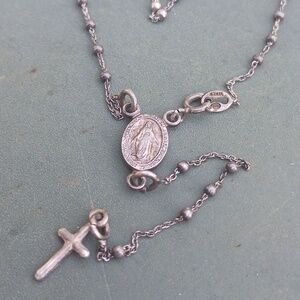 Delicate Rosary Drop Necklace W/Mary/ Cross Vintage Italy